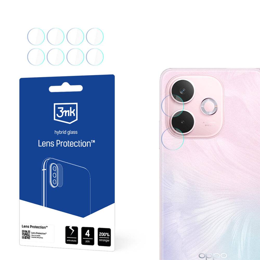 Objektivschutz für ein Smartphone mit Hybrid-Glas von 3mk. Das Paket enthält Schutzabdeckungen für mehrere Objektivgrößen.