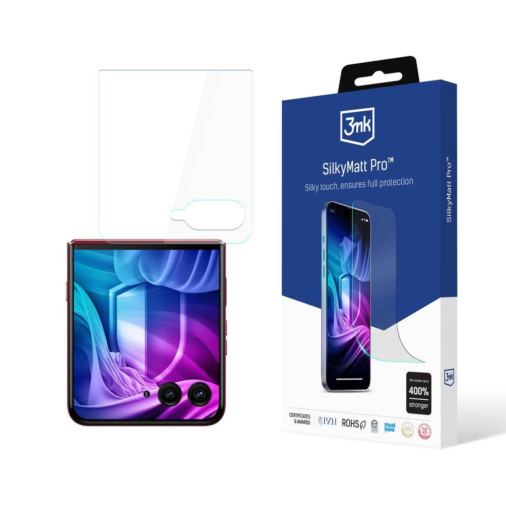 Ein Smartphone mit farbenfrohem Bildschirm und einem daneben liegenden Displayschutz. Die Verpackung zeigt 