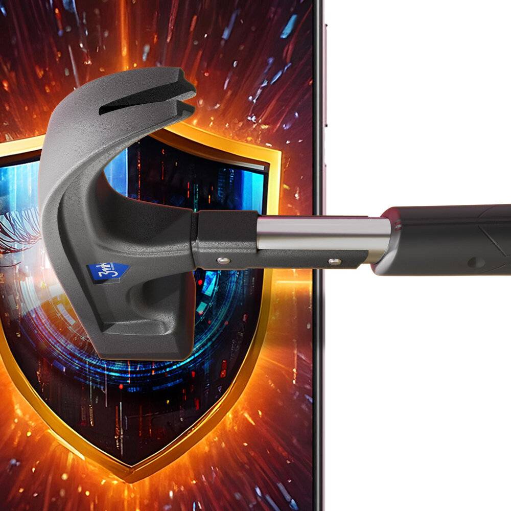 Ein Hammer schlägt auf einen Smartphone-Bildschirm, auf dem ein digitaler Schild mit leuchtenden Kanten angezeigt wird und Schutz vor physischen Beschädigungen andeutet.