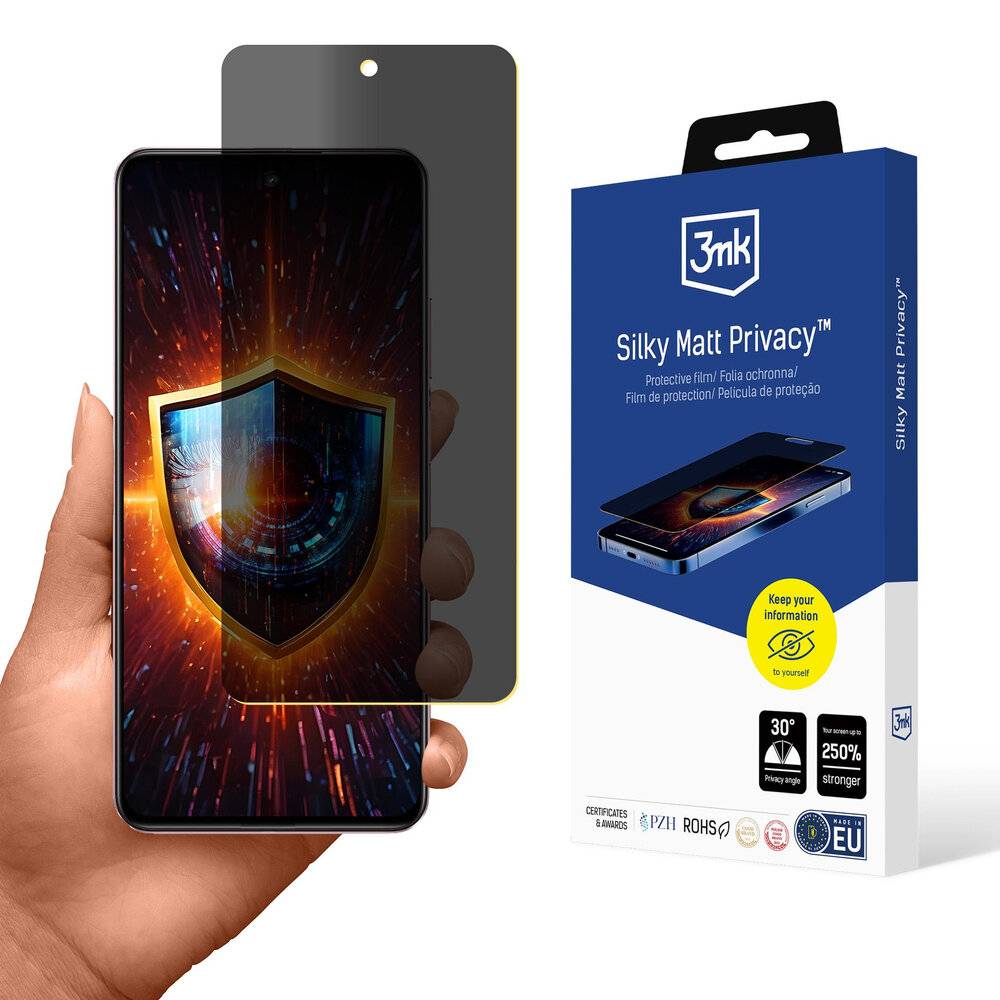 Smartphone mit Datenschutz-Displayschutzfolie; Die Verpackung zeigt die Marke 3mk Silky Matt Privacy mit Funktionen einschließlich 30-Grad-Datenschutz.