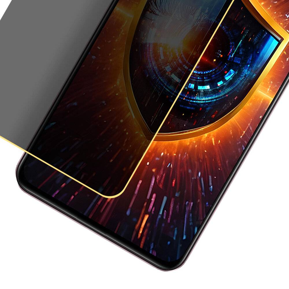 Ein Smartphone mit einem digitalen Augendesign auf dem Bildschirm, das Technologie und Innovation symbolisiert. Das Auge weist ein futuristisches, farbiges digitales Muster auf.