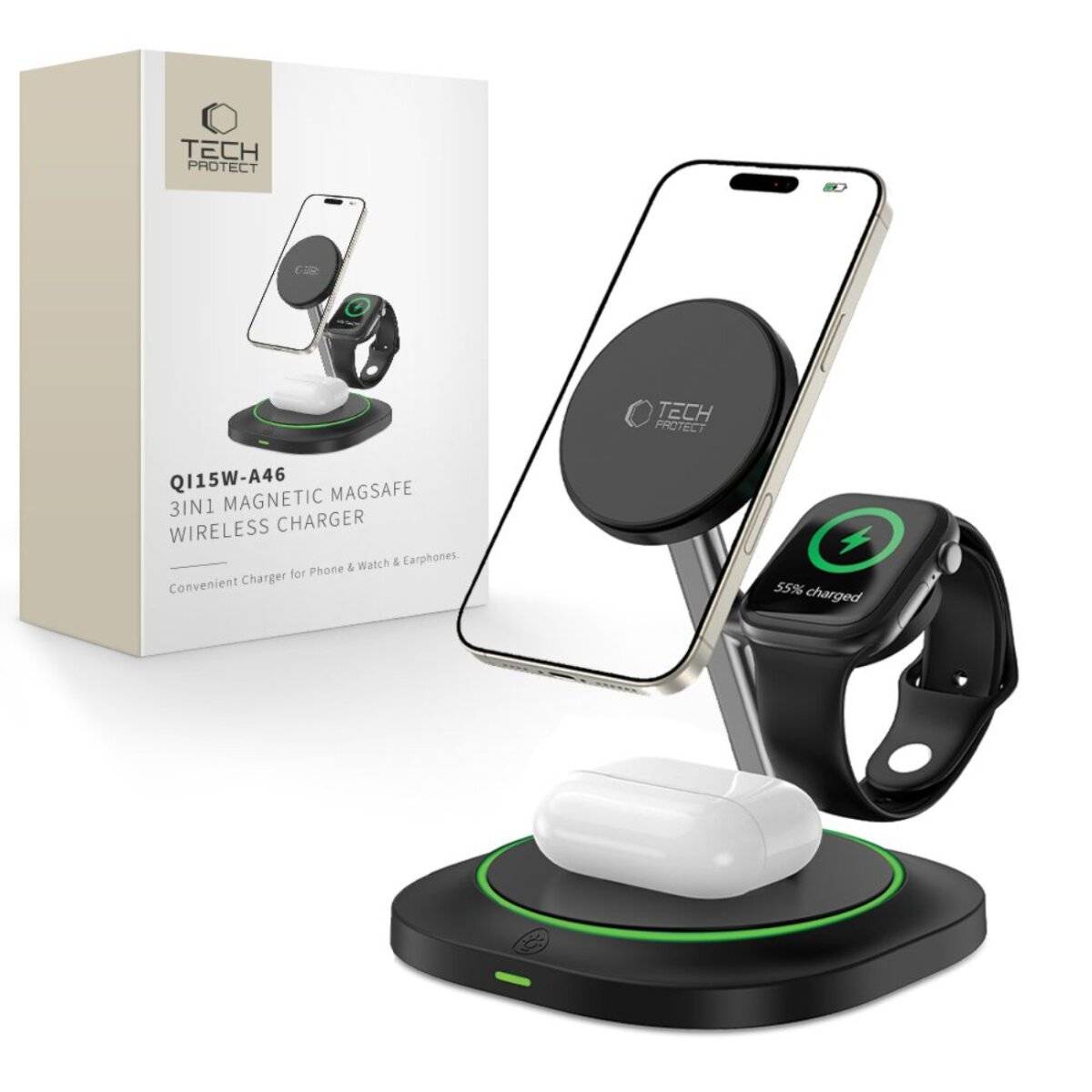 Tech-Protect QI15W-A46 3in1 Magnetisches MagSafe Induktives Ladegerät Schwarz