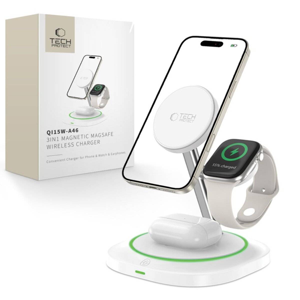 Tech-Protect QI15W-A46 3in1 Magnetisches MagSafe Induktives Ladegerät Weiß