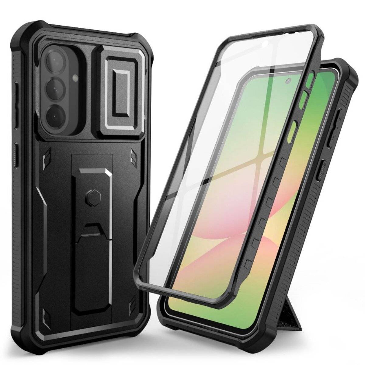 Tech-Protect Kevlar Cam+ Handyhülle mit Ständer und Displayschutz Kompatibel mit Samsung Galaxy A56 5G - Schwarz