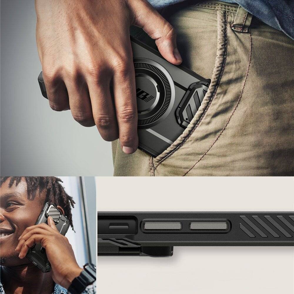 Ein oberes Foto zeigt eine Person, die ein schwarzes Smartphone in eine Tasche steckt. Ein mittleres Foto zeigt eine Person, die das Smartphone ans Ohr hält.