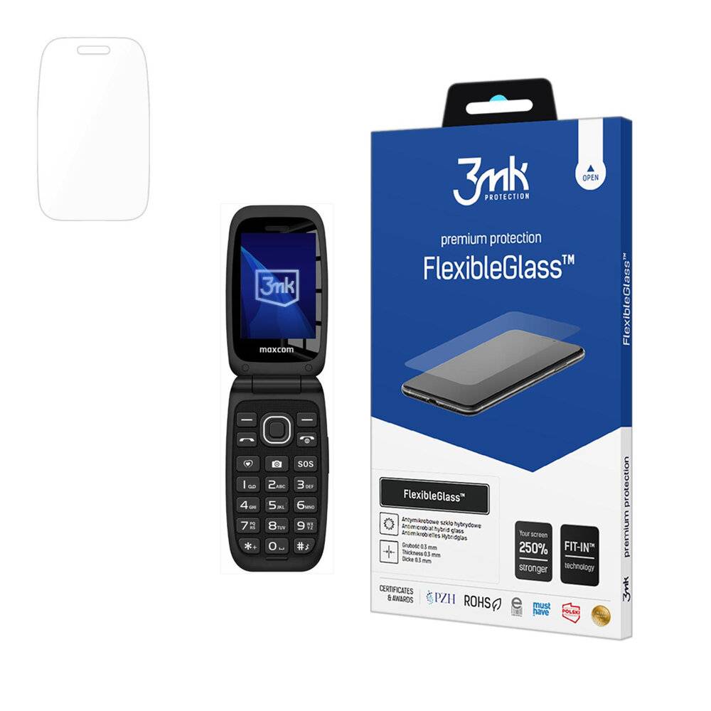 3mk FlexibleGlass' Verpackung mit Schutzfolienbild, kompatibel mit Klapptelefonen. Zeigt Premium-Schutz und Haltbarkeit an.