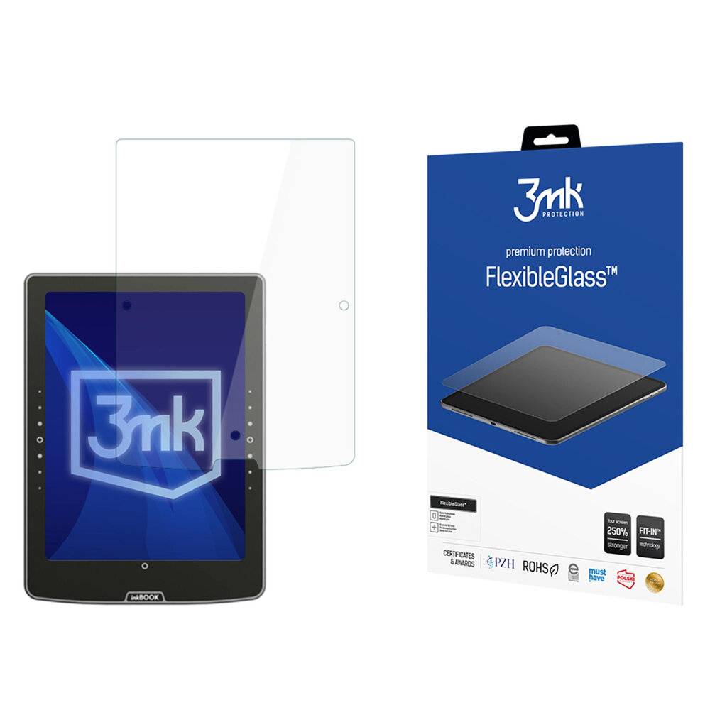 Tablet mit '3mk'-Logo auf dem Bildschirm, neben der Verpackung für FlexibleGlass-Displayschutzfolie.