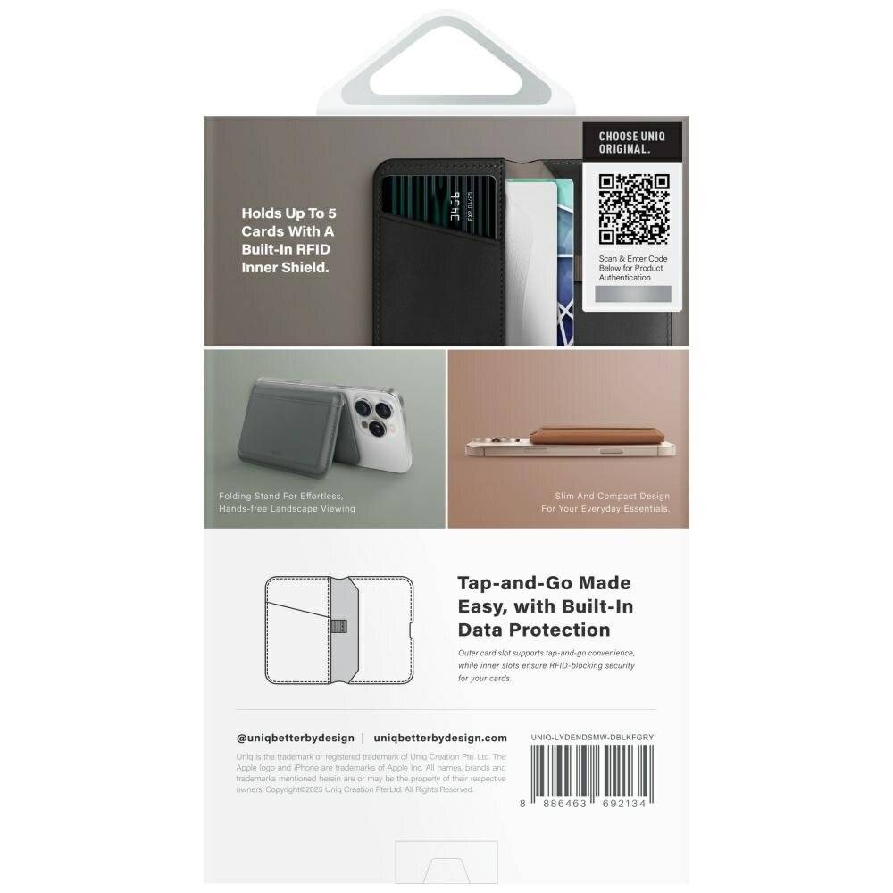 Produktverpackung für ein schlankes RFID-blockierendes Portemonnaie. Funktionen: fasst bis zu 5 Karten, schützt mit RFID-Schild, enthält einen Handyständer.