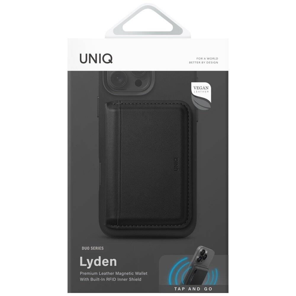 Verpackung von Uniq Lyden, einer veganen Leder-Magnetgeldbörse mit RFID-Schutz. Das Bild zeigt die Geldbörse auf einem Telefon und hebt „Tap and Go