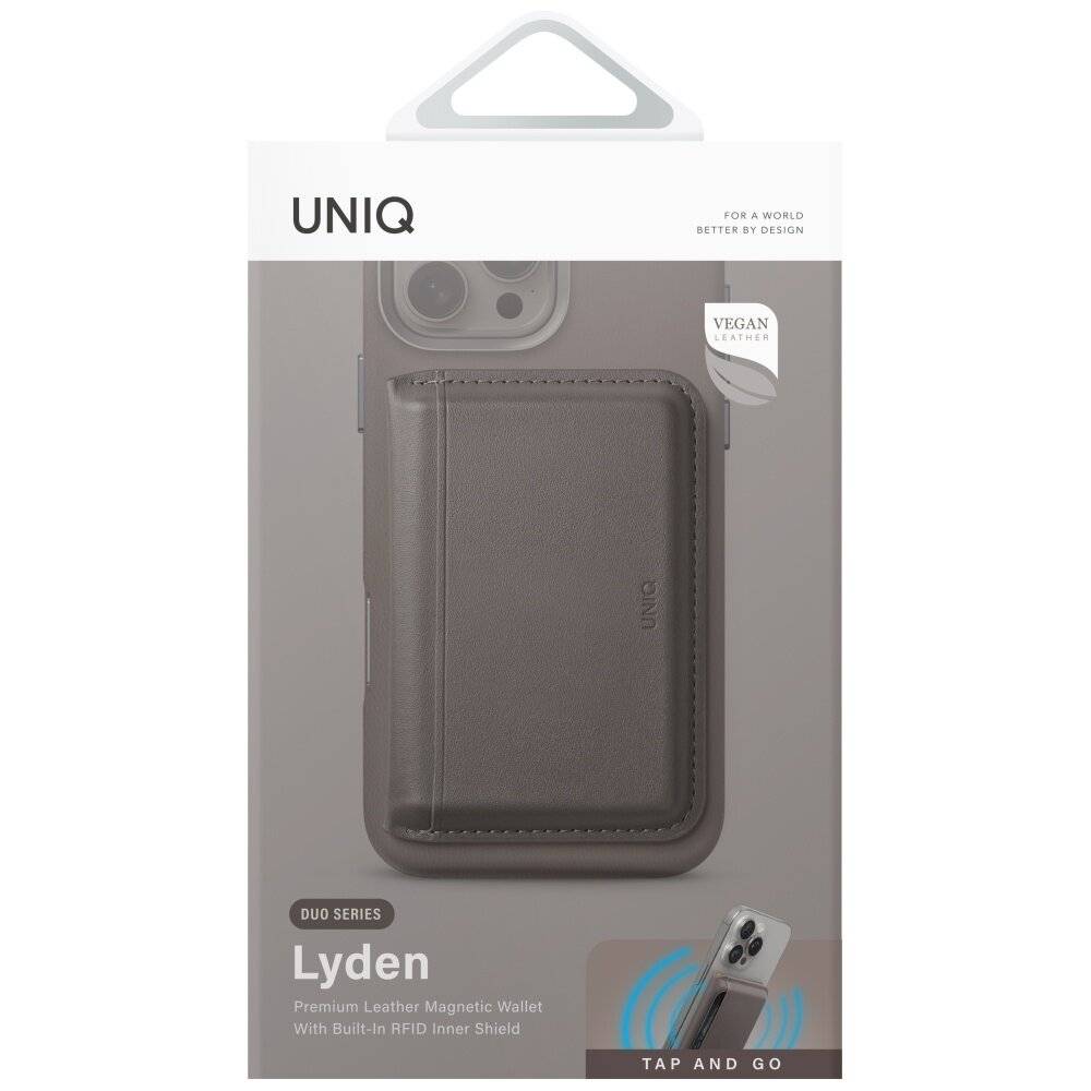 Uniq Lyden-Verpackung mit einem Premium-Ledermagnet-Geldbörse mit RFID-Schutz für Smartphones. Enthält ein 