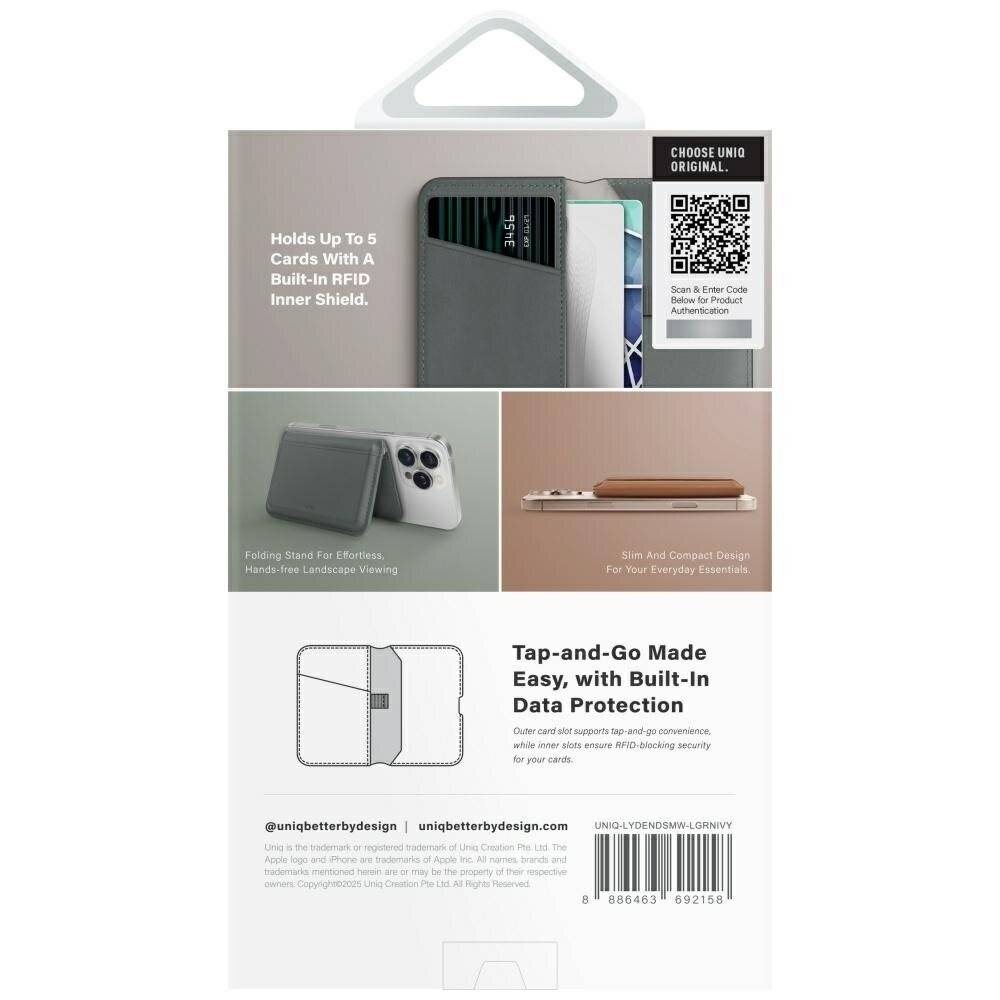 Das Bild zeigt eine Telefon-Geldbörsenverpackung mit Abschnitten, die Funktionen präsentieren: „Fasst bis zu 5 Karten mit eingebautem RFID-Innenschutz