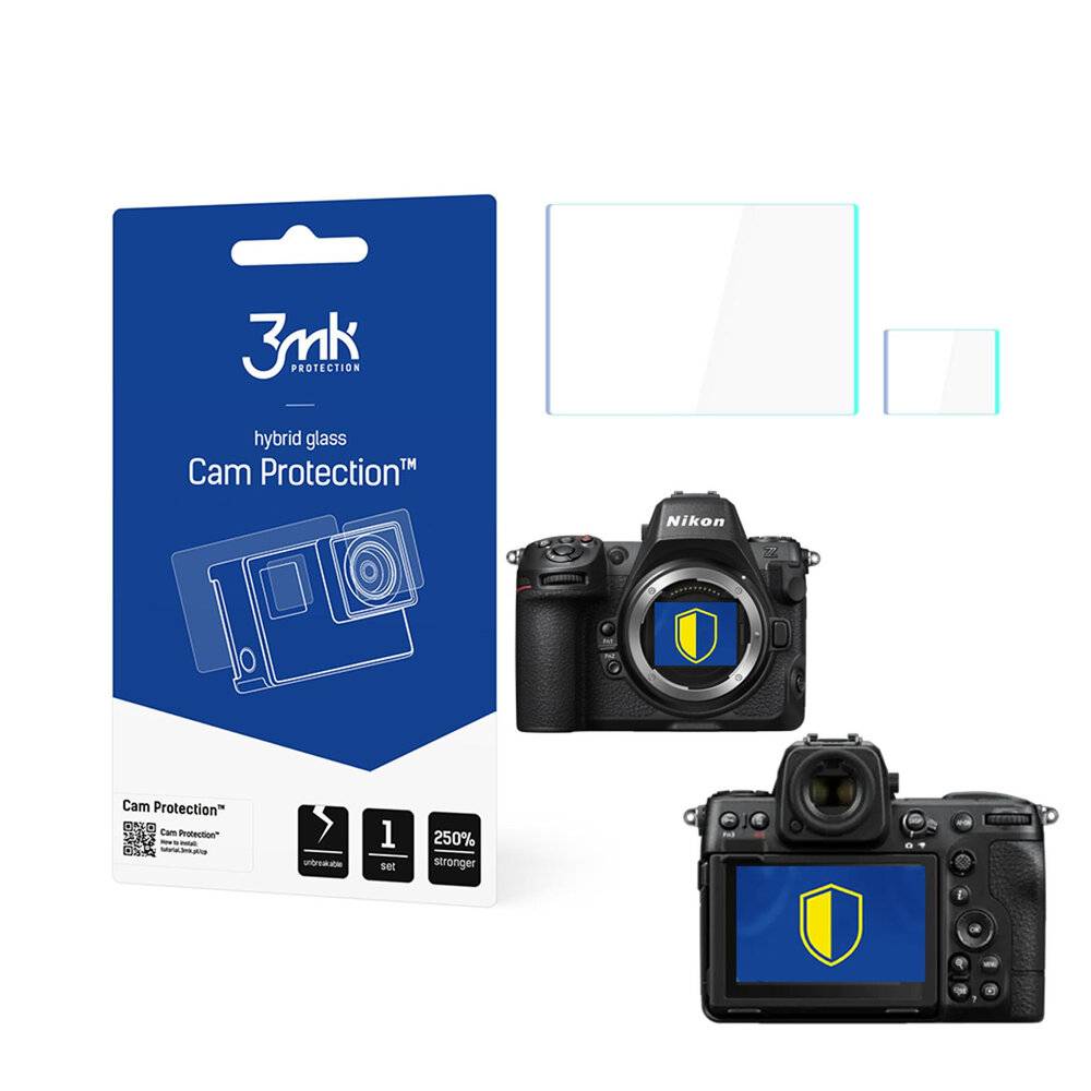 Kamerachutz-Set mit Displayschutzfolien für Front- und Rückdisplays, Verpackung neben einer Nikon-Kamera mit Schutzfolien abgebildet.