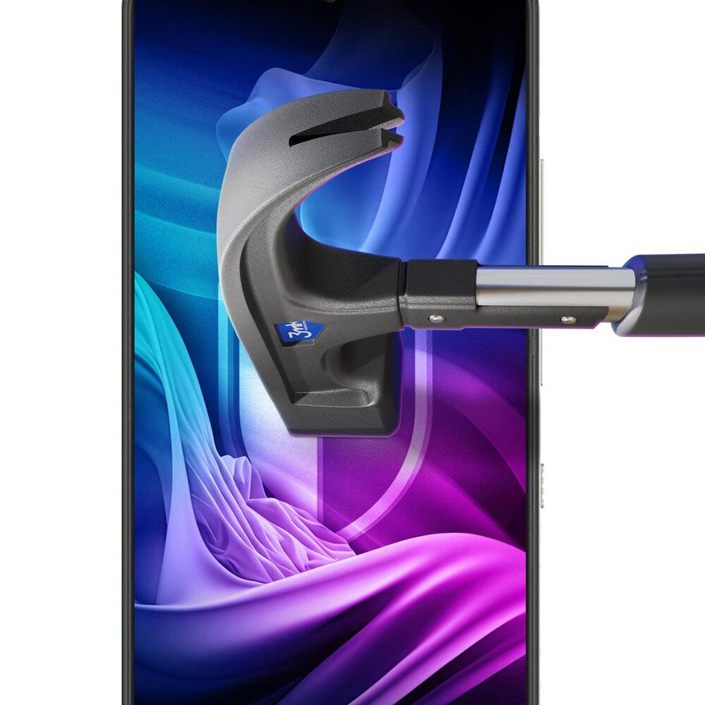 Ein Hammer ist zu sehen, wie er einen Smartphone-Bildschirm zerschmettert, auf dem lebendige blaue und violette abstrakte Grafiken angezeigt werden.