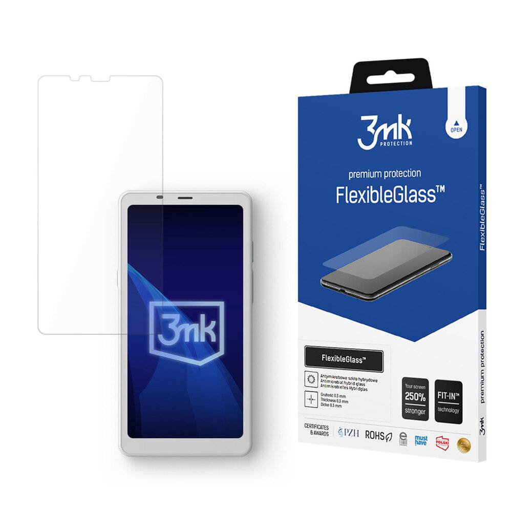 3mk FlexibleGlass' Displayschutzfolie für Smartphones mit Verpackung, bestehend aus flexibler Glasfolie und Verpackungsmaterial, mit Betonung auf erstklassigen Schutz.