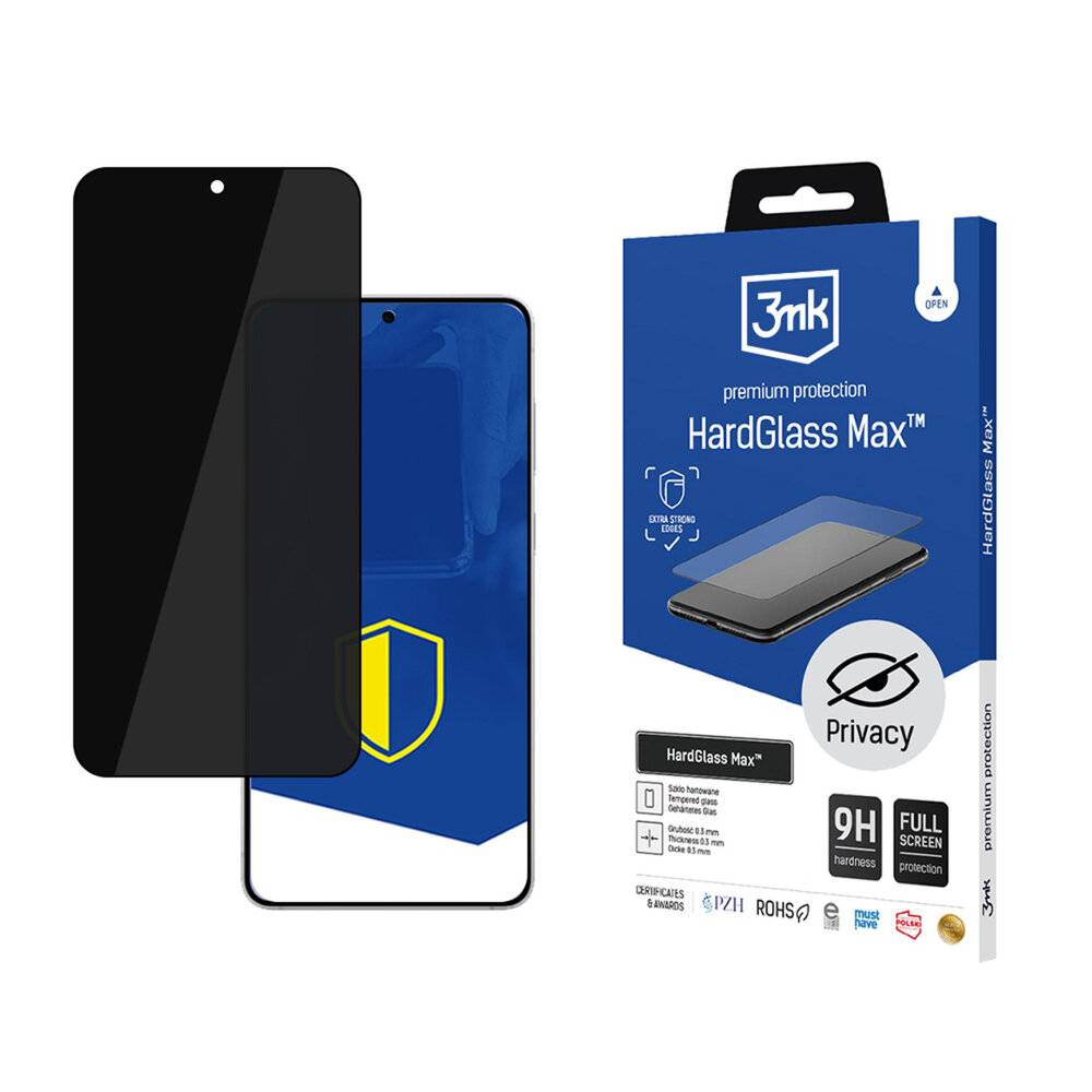 Ein Smartphone mit einem teilweise angebrachten Datenschutz-Displayschutz daneben, neben seiner Verpackung, auf der 