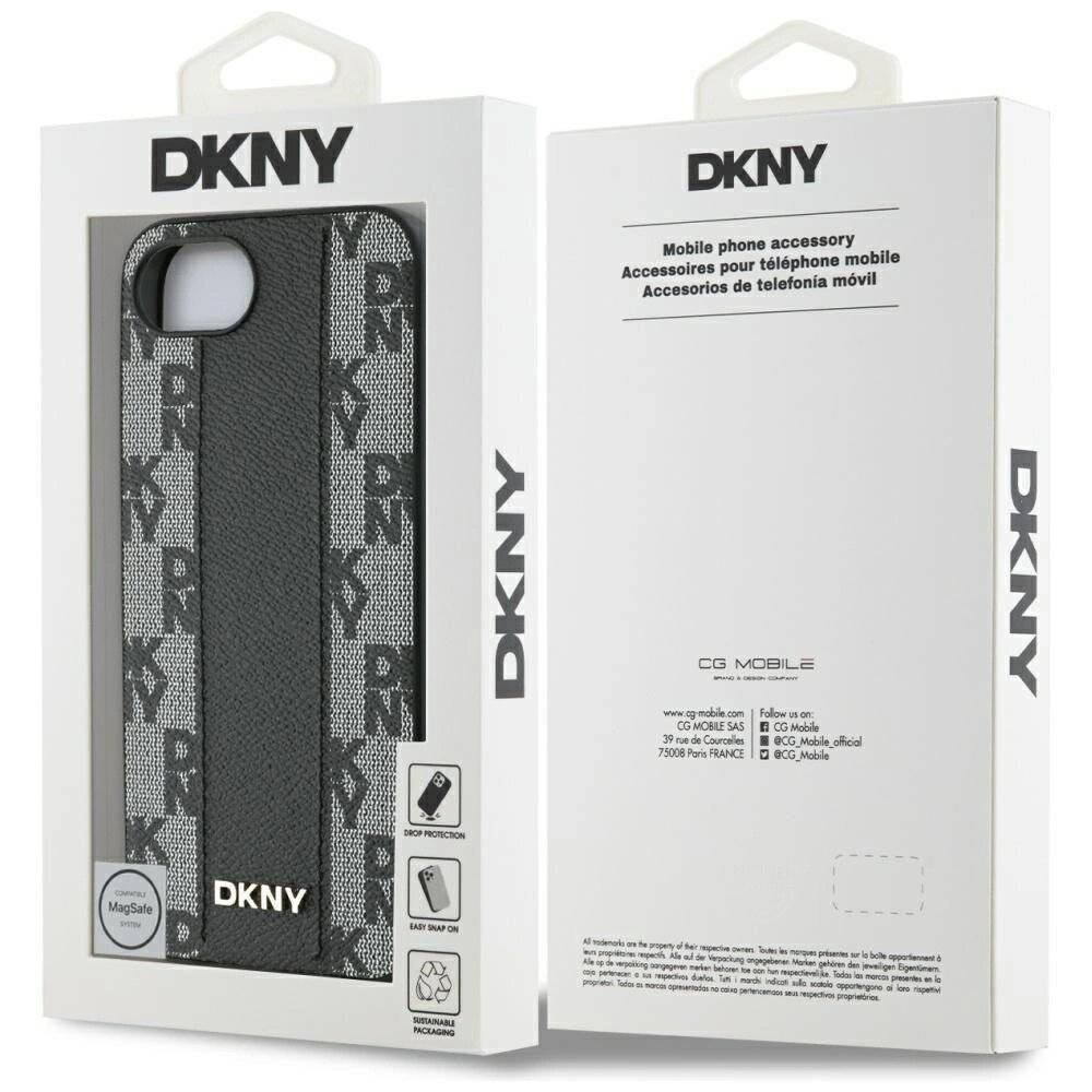 DKNY Leder Kariertes Monomuster MagSafe iPhone 16e Hülle - Schwarz