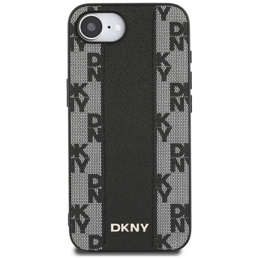 DKNY Leder Kariertes Monomuster MagSafe iPhone 16e Hülle - Schwarz