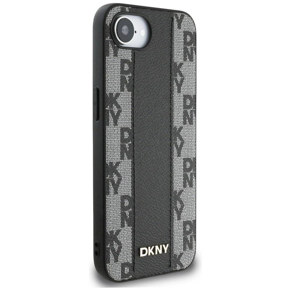 DKNY Leder Kariertes Monomuster MagSafe iPhone 16e Hülle - Schwarz