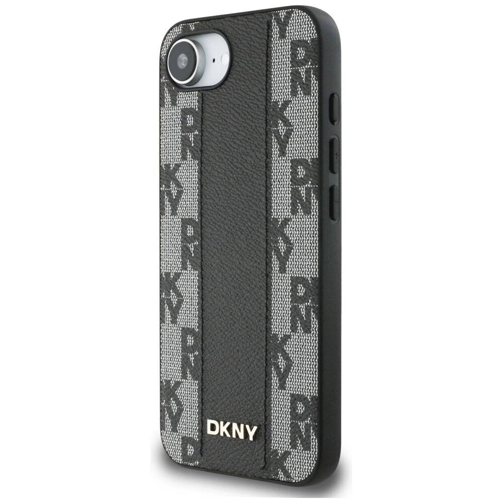 DKNY Leder Kariertes Monomuster MagSafe iPhone 16e Hülle - Schwarz