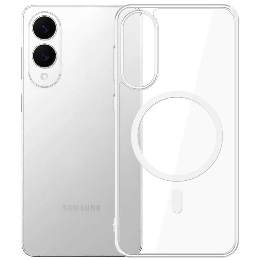 Ein silbernes Smartphone mit Dual-Rückkameras wird neben einer durchsichtigen, transparenten Handyhülle gezeigt, die speziell für das Gerät konzipiert ist.