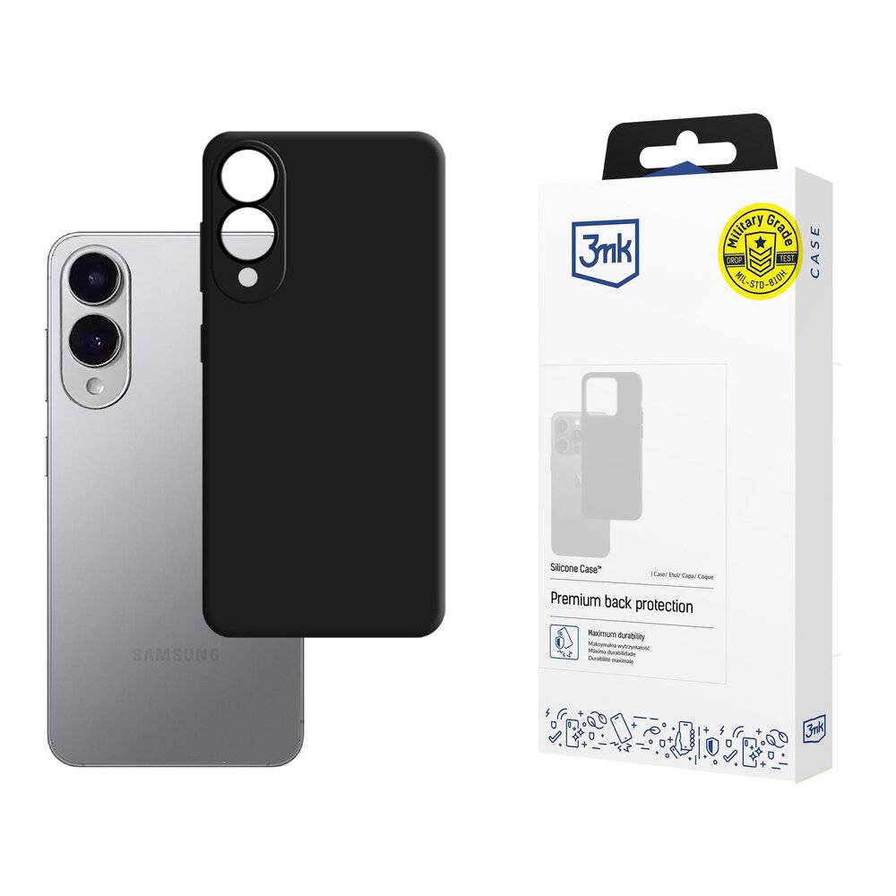 Ein Smartphone mit Dualkamera wird zusammen mit seiner Verpackungsbox und einer schwarzen Schutzhülle mit der Aufschrift „Premium back protection