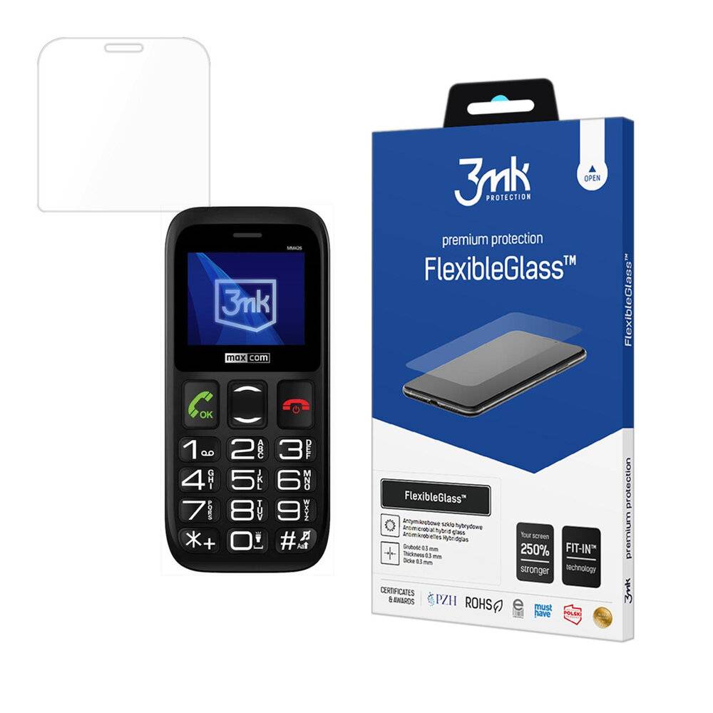 Ein Mobiltelefon mit großen Tasten wird zusammen mit seiner FlexibleGlass-Displayschutzfolie-Verpackung gezeigt.