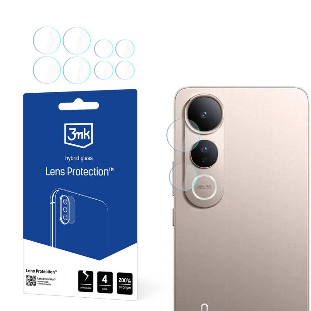 3mk Hybrid Glass Objektivschutz' Verpackung neben einem Smartphone mit Dreifach-Kamera. Bietet Bildschirmschutz und Haltbarkeit.