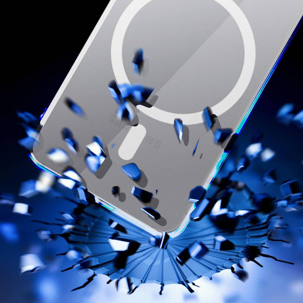 Ein stilisiertes Bild eines Smartphones mit einem kreisförmigen Wireless-Charging-Symbol, umgeben von abstrakten blauen und weißen Splittern, die Geschwindigkeit suggerieren.