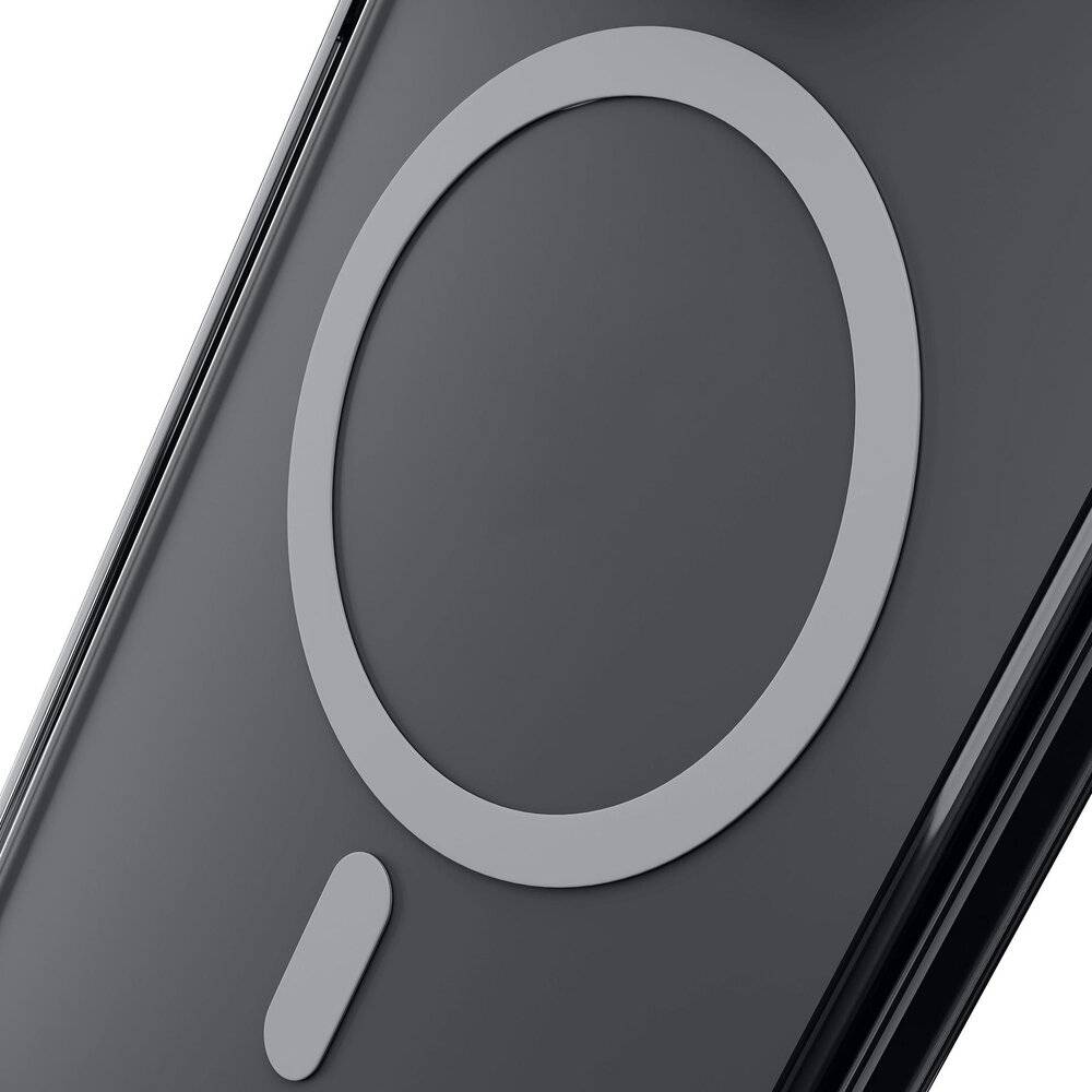 Nahaufnahme eines schwarzen Smartphone-Schutzhülles mit einem kreisförmigen Magnetring und einem kleinen rechteckigen Element darunter.