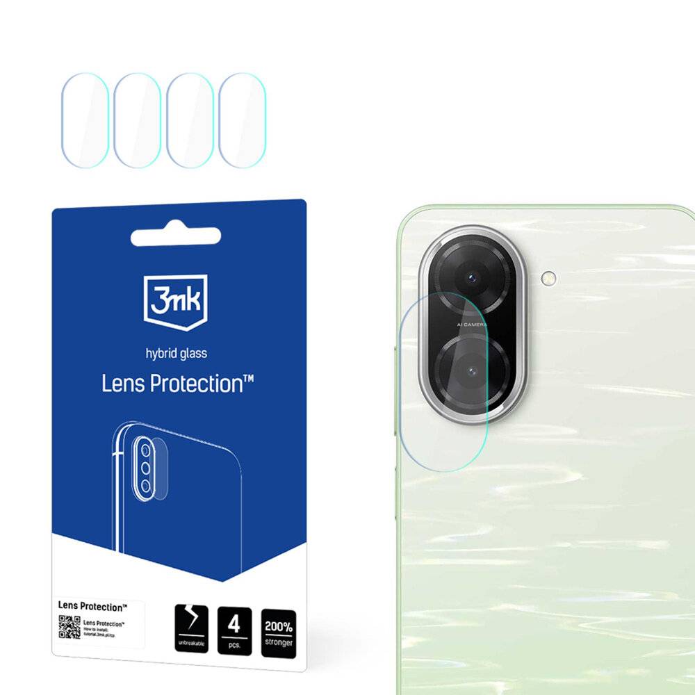 3mk Hybrid glass Linsenscutz für Smartphones; Verpackung zeigt das Design der Linsenabdeckung mit Angabe eines 4er-Packs; Telefon mit installierter Abdeckung dargestellt.