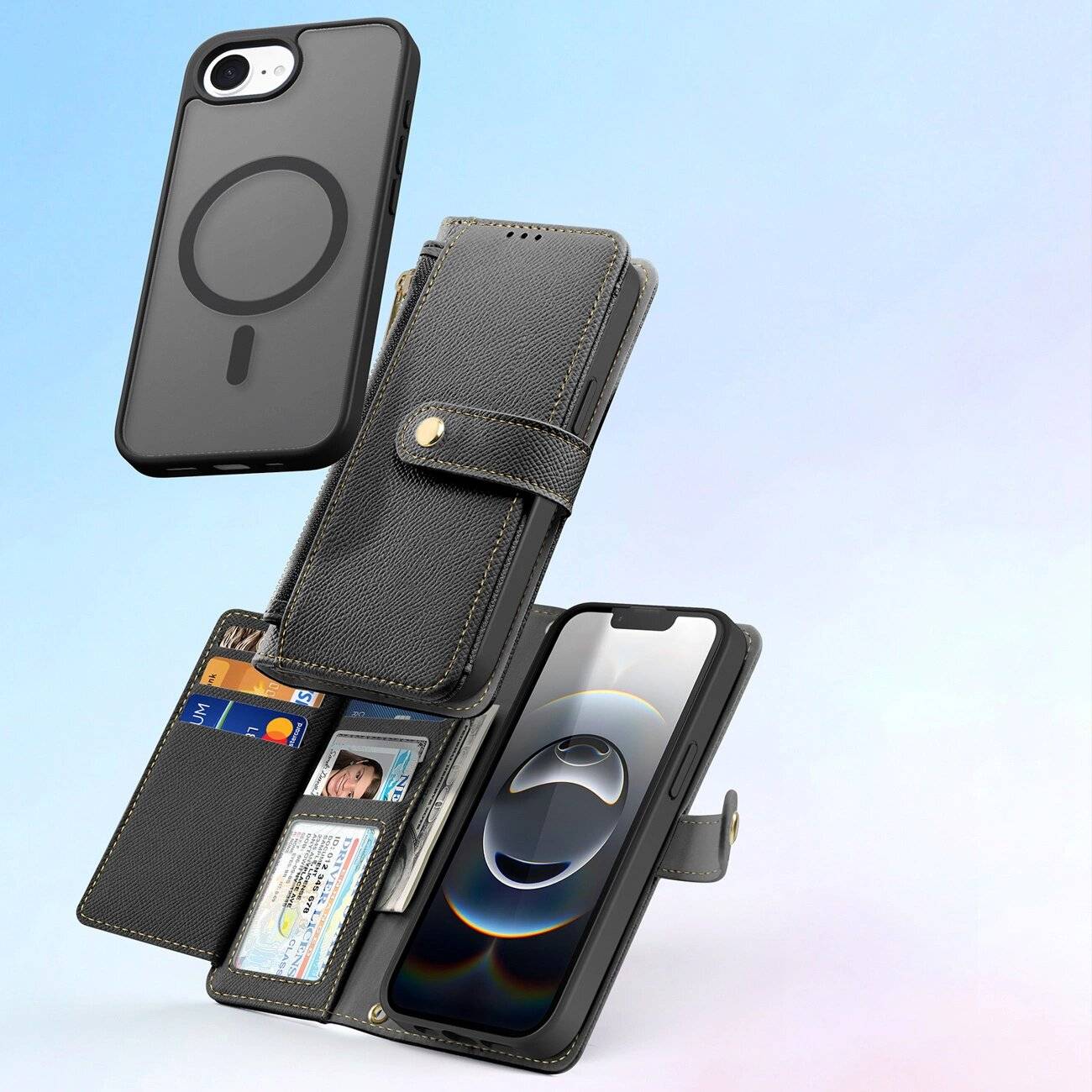 Dux Ducis Lawa iPhone 16e Lederhülle abnehmbarer magnetischer Brieftasche - Schwarz