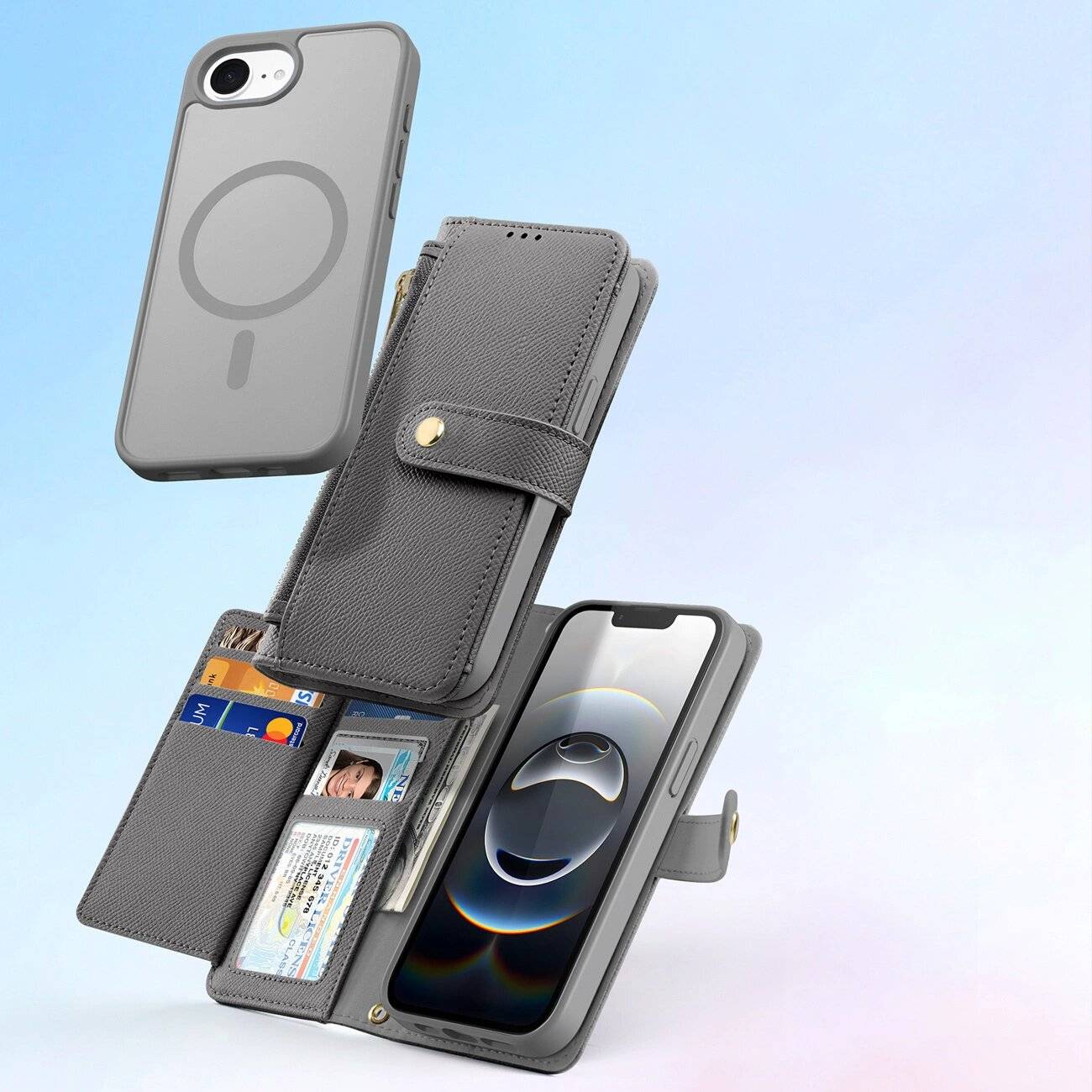 Dux Ducis Lawa iPhone 16e Lederhülle abnehmbarer magnetischer Brieftasche - Grau