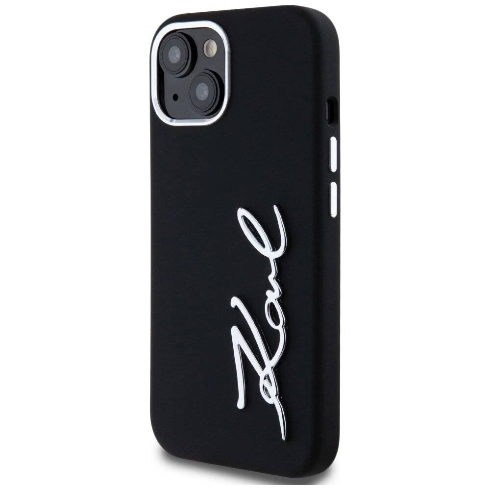 Karl Lagerfeld Silikon Metall Script Logo iPhone 15 Hülle - Schwarz