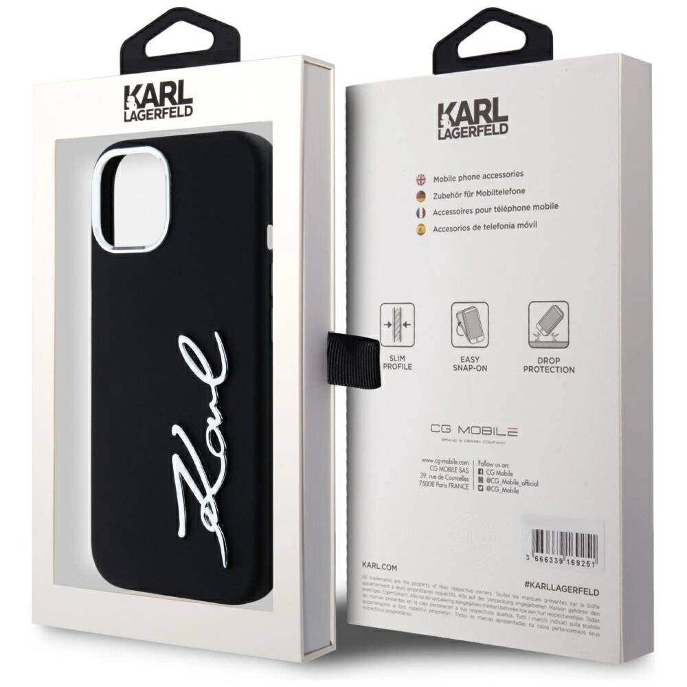 Karl Lagerfeld Silikon Metall Script Logo iPhone 15 Hülle - Schwarz