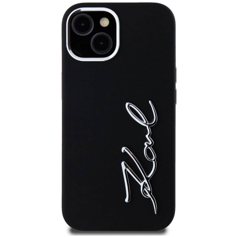 Karl Lagerfeld Silikon Metall Script Logo iPhone 15 Hülle - Schwarz