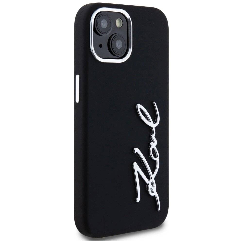 Karl Lagerfeld Silikon Metall Script Logo iPhone 15 Hülle - Schwarz