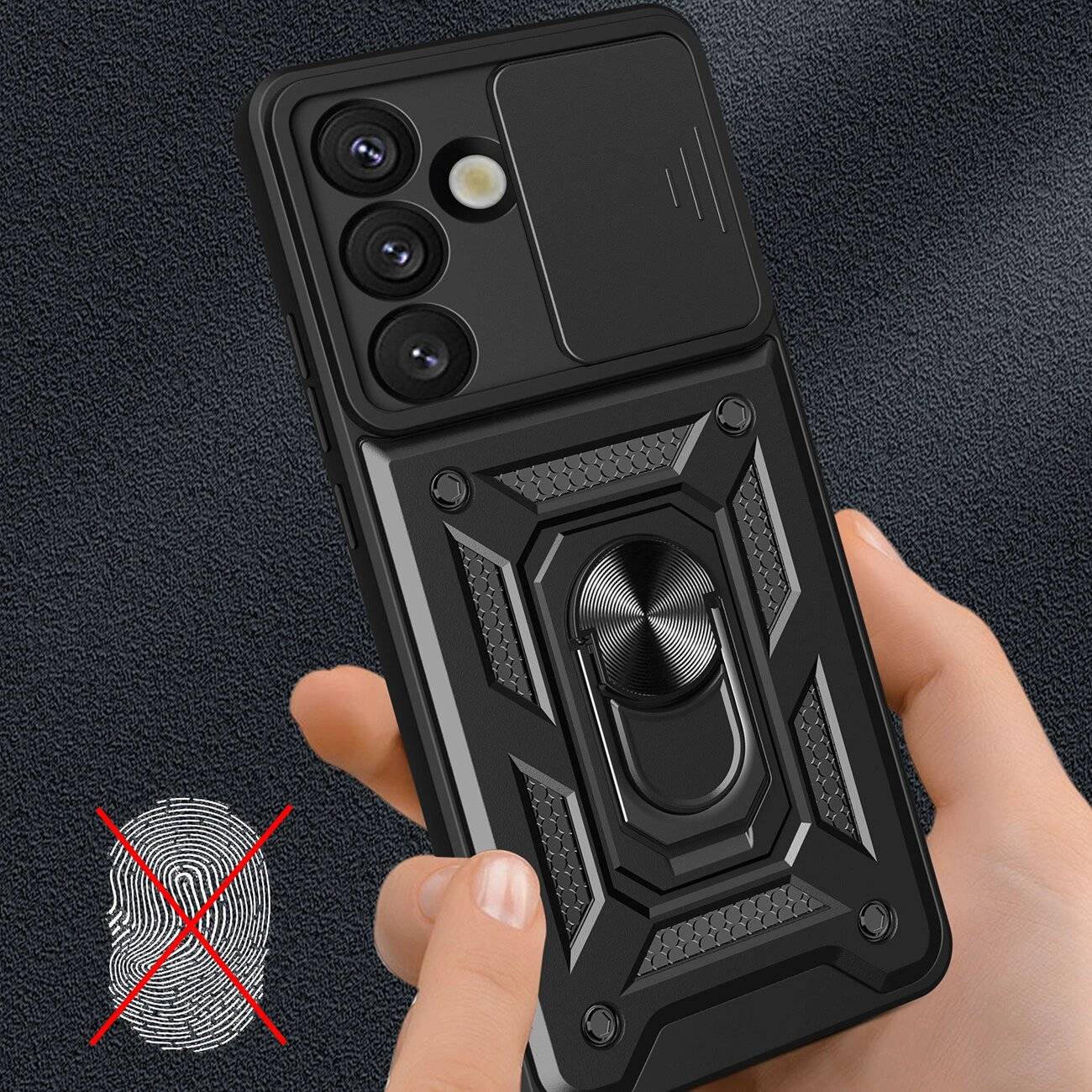 Hybrid Armor Camshield Case Ständer Kameraabdeckung Samsung Galaxy M16 5G / F16 - Schwarz