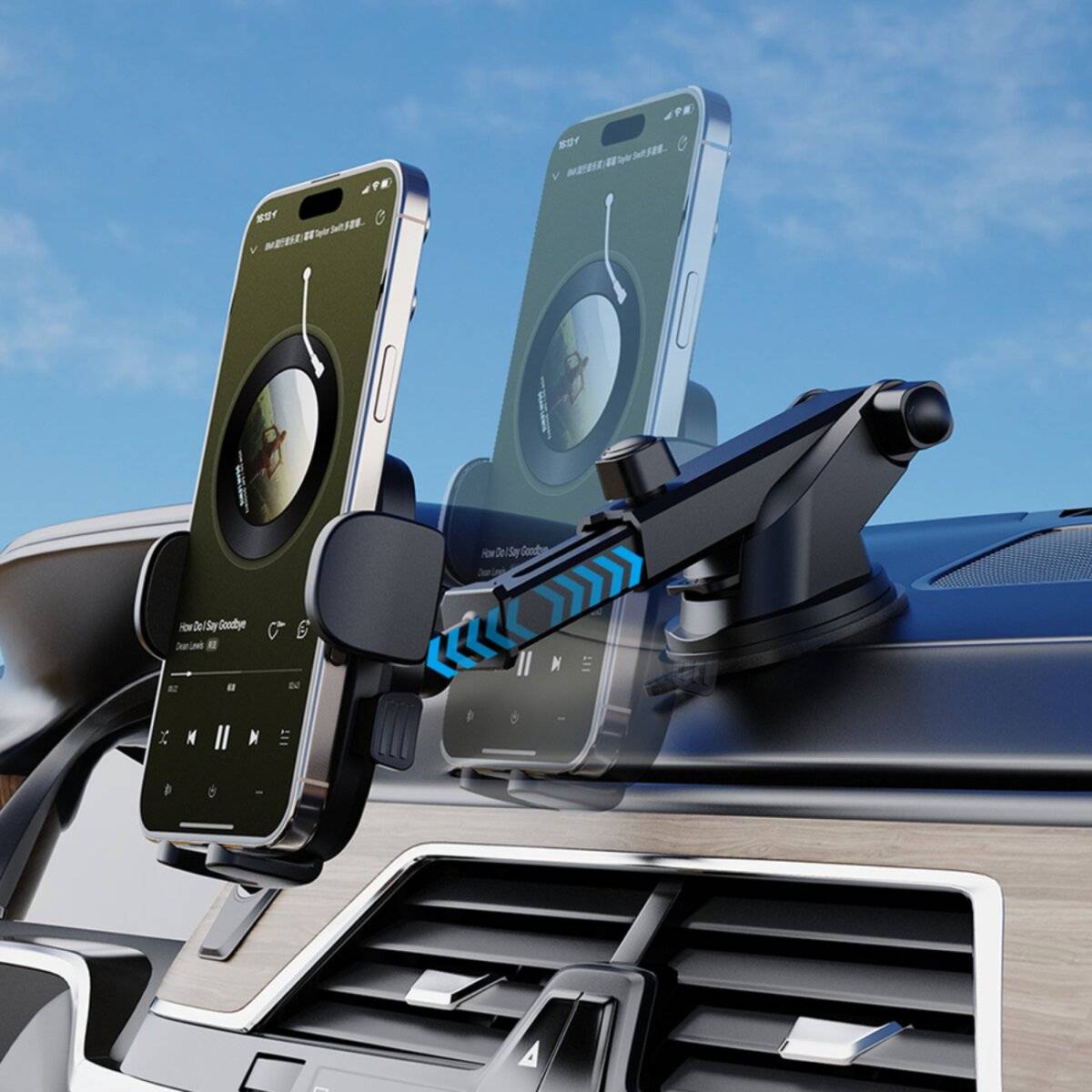 Ein Smartphone ist auf dem Armaturenbrett eines Autos befestigt, auf dessen Bildschirm eine Musikplayer-App mit Albumcover und sichtbaren Wiedergabesteuerungen angezeigt wird.