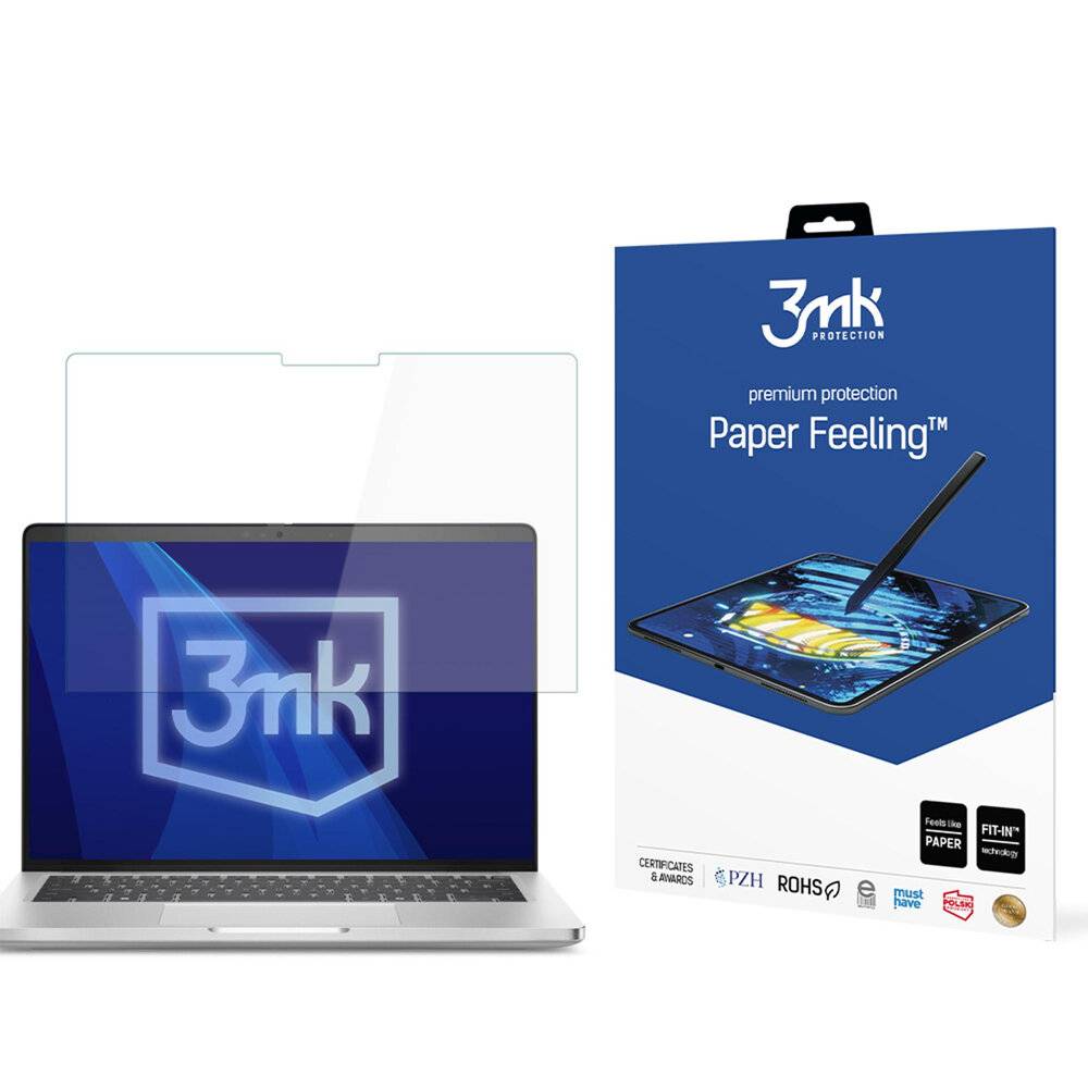 „3mk Paper Feeling Displayschutzfolie für Tablets, abgebildet neben ihrer Verpackung. Die Verpackung hebt ihre papierähnliche Textur zum Schreiben hervor.