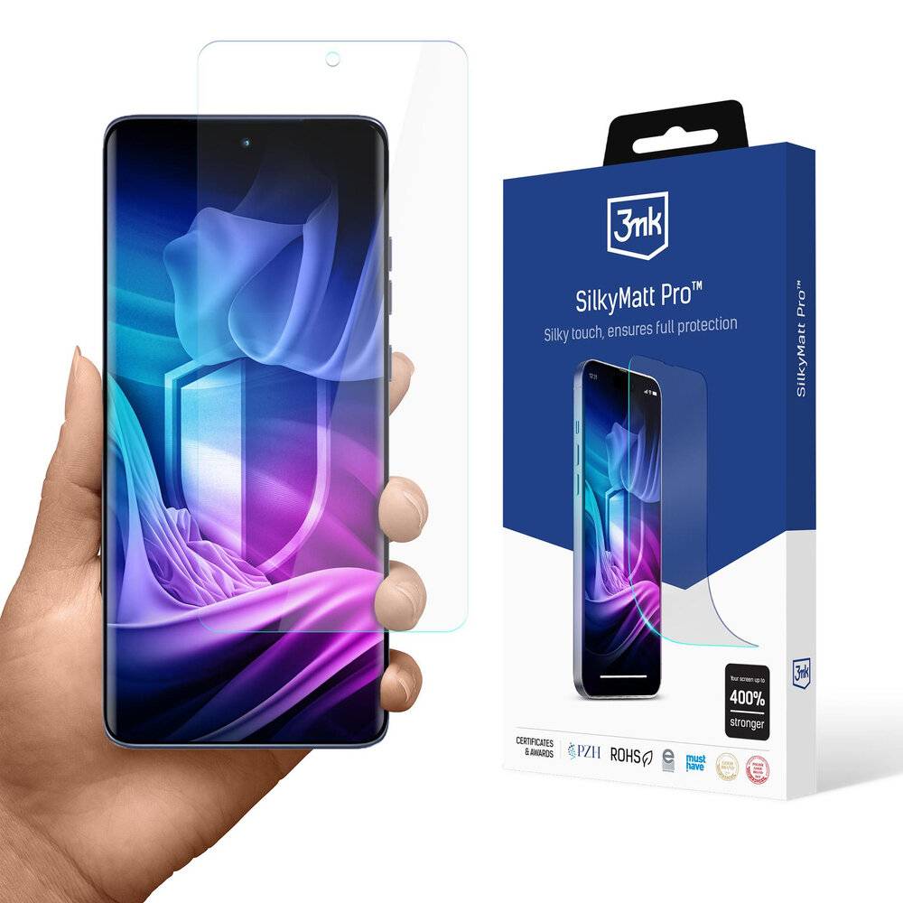 Eine Hand hält ein Smartphone mit blauem und violettem abstraktem Display. Daneben befindet sich eine Verpackung für den Displayschutz '3mk SilkyMatt Pro'.