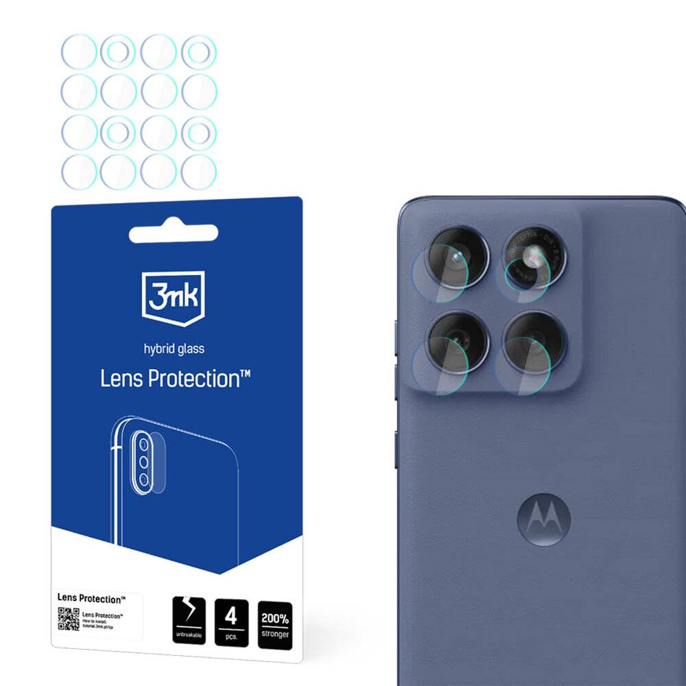 Linschutzpaket neben einem Smartphone mit angebrachten Linsenprotektoren. Die Verpackung hebt 