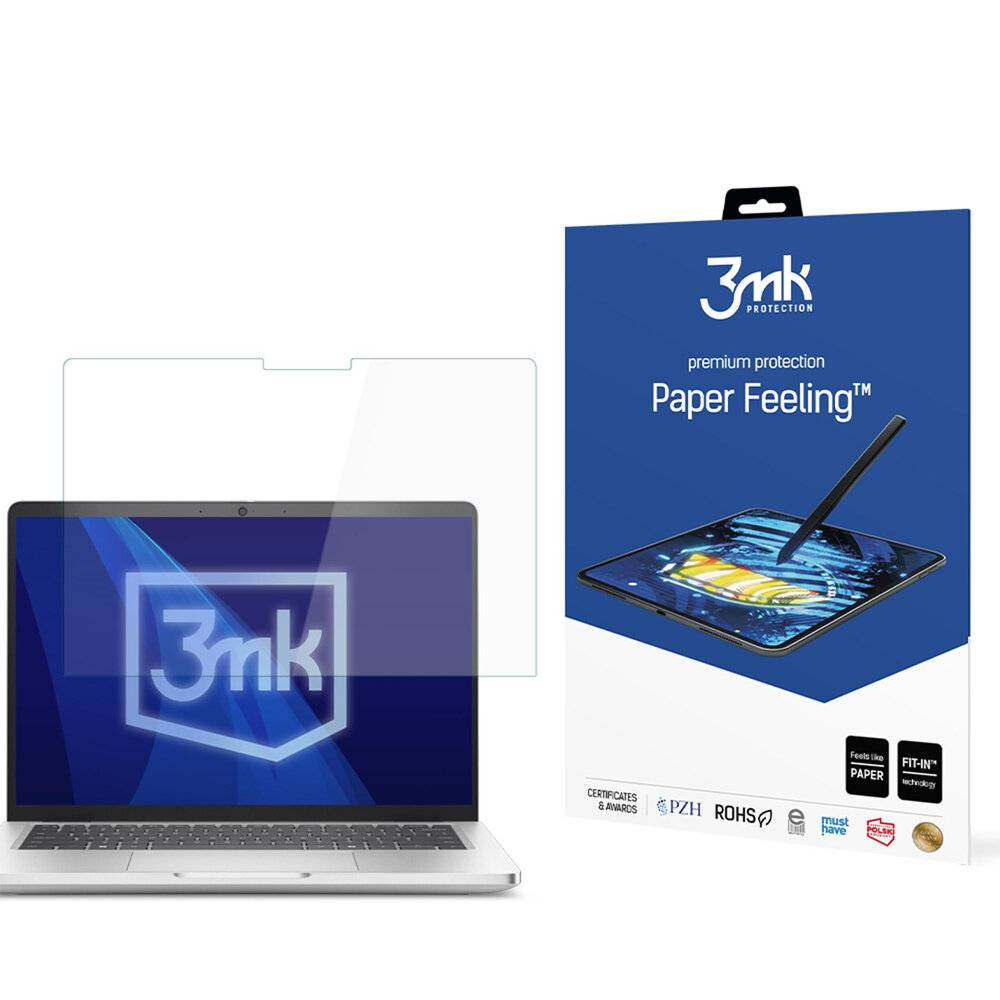 Ein Laptop zeigt eine transparente Displayschutzfolie-Überlagerung an. Daneben wird die Verpackung einer 