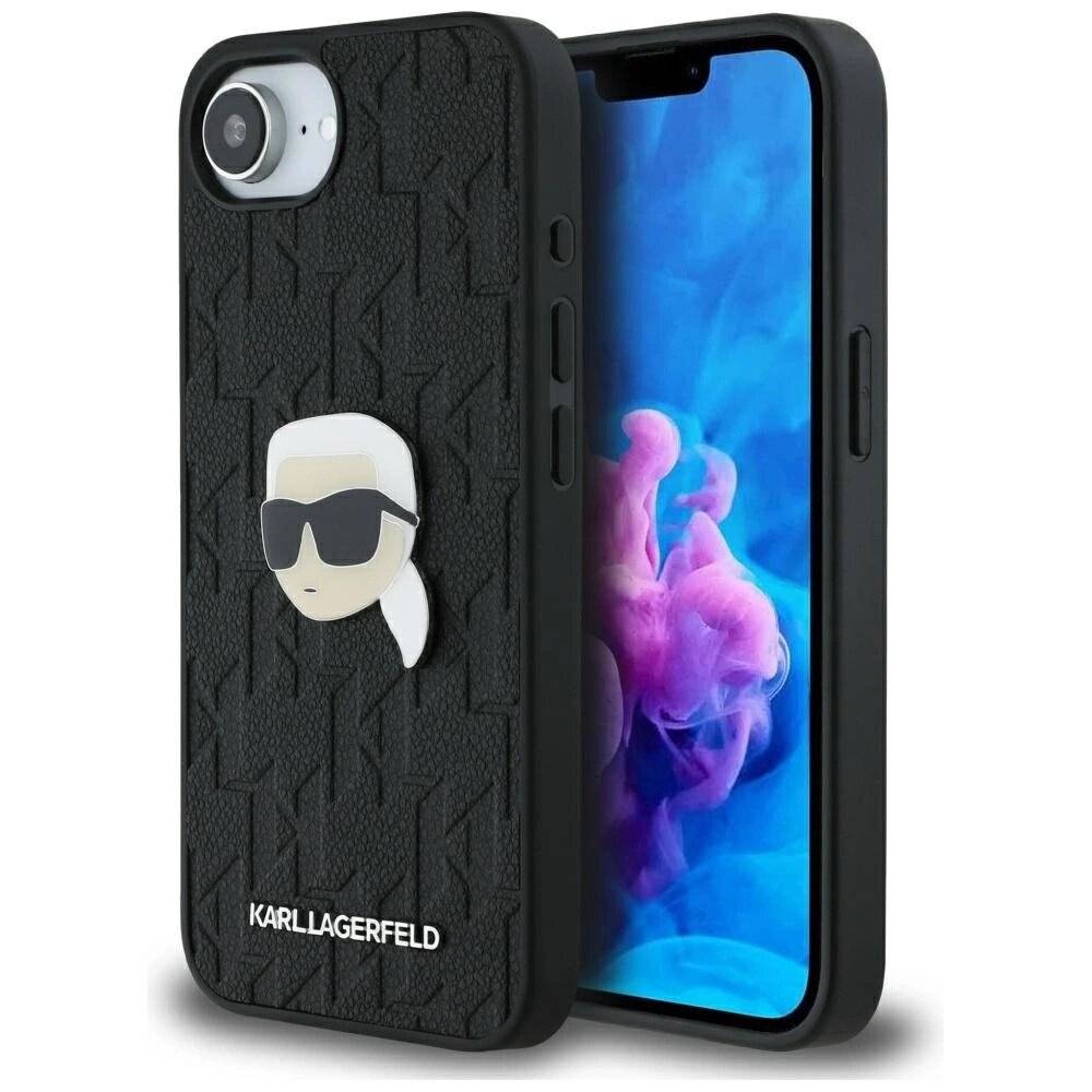 Karl Lagerfeld iPhone 16e Hülle Monogramm-Karl-Kopf-Anstecker - Schwarz