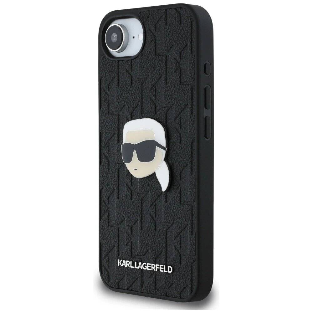 Karl Lagerfeld iPhone 16e Hülle Monogramm-Karl-Kopf-Anstecker - Schwarz
