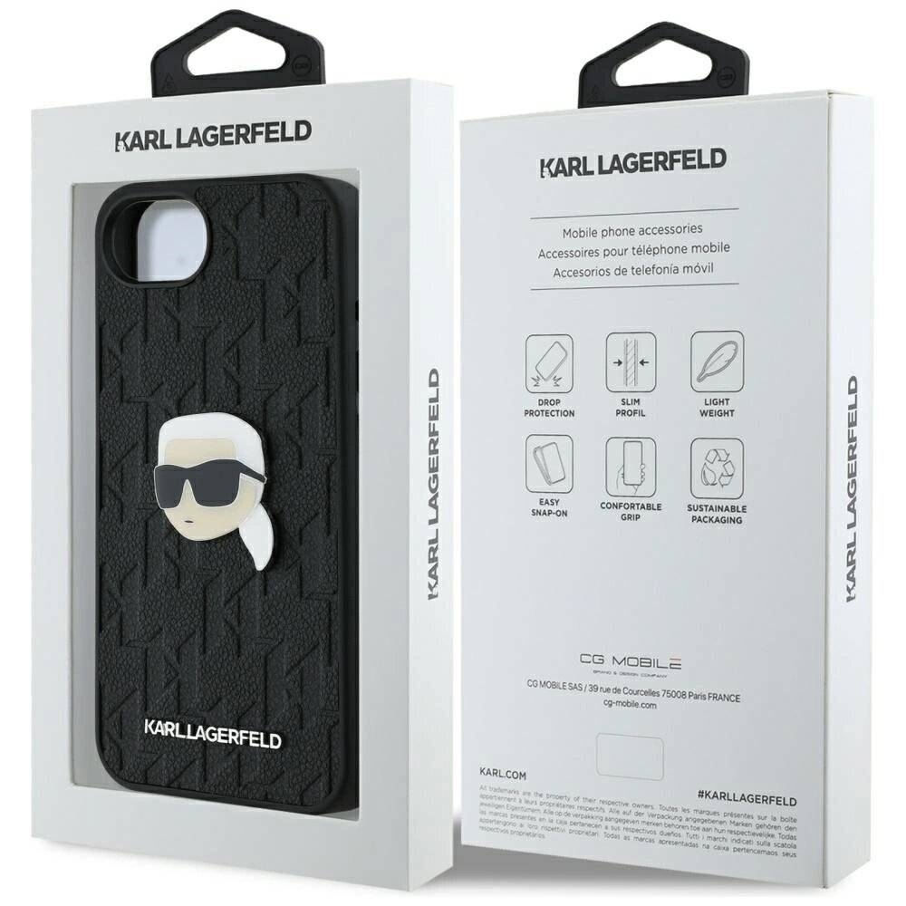 Karl Lagerfeld iPhone 16e Hülle Monogramm-Karl-Kopf-Anstecker - Schwarz
