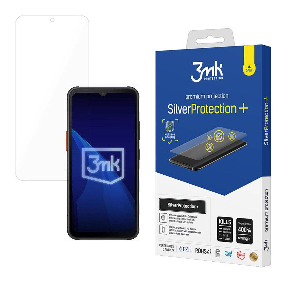 Telefon mit Displayschutz; Verpackungsbox mit der Beschriftung „3mk SilverProtection+
