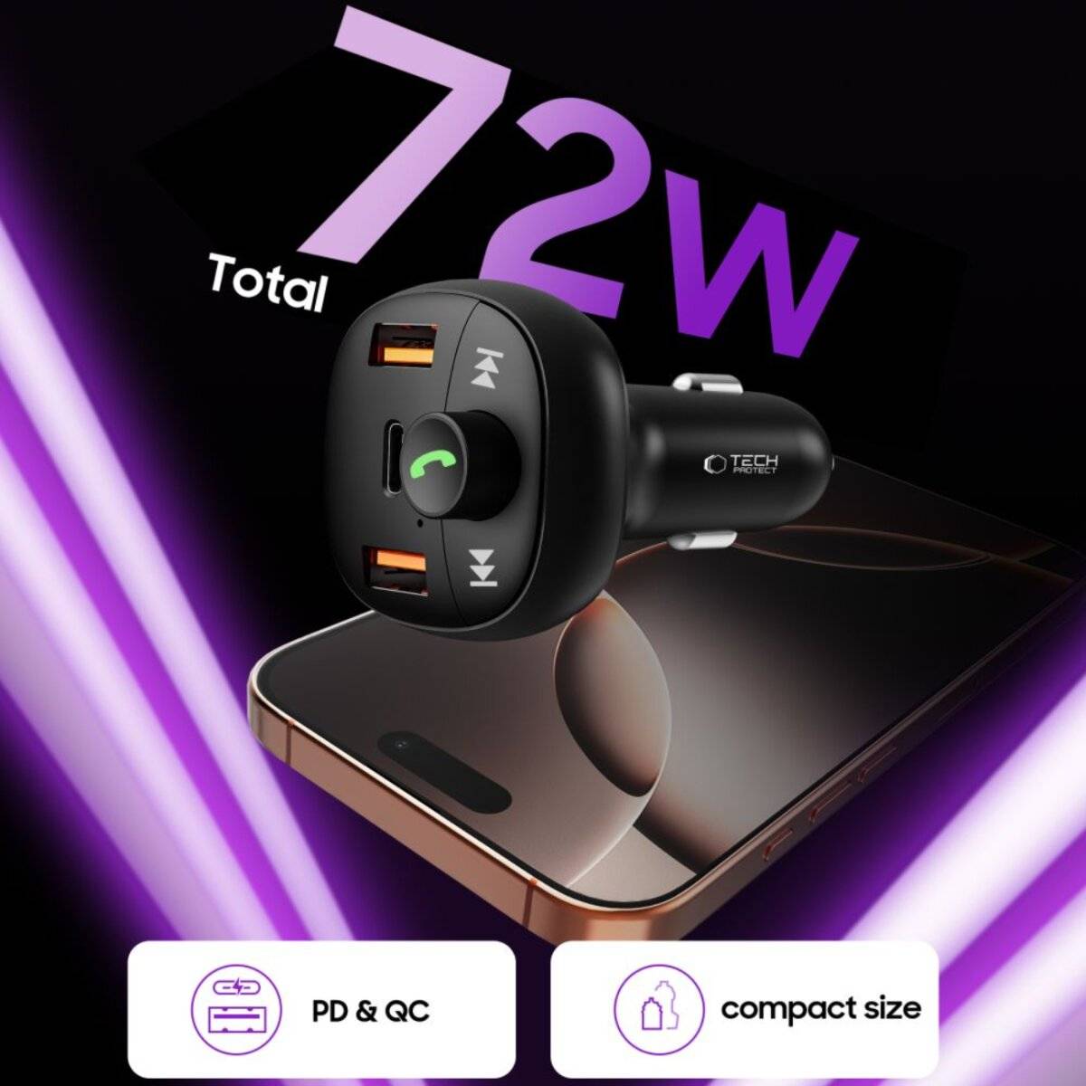 Tech-Protect CC06 3-Port PD72W Autoladegerät Sender - Schwarz