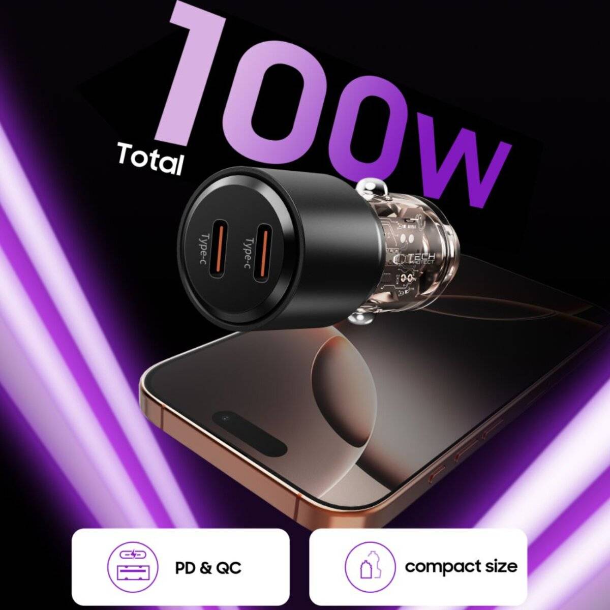 Tech-Protect CC03 2-Port PD100W Autoladegerät – Schwarz