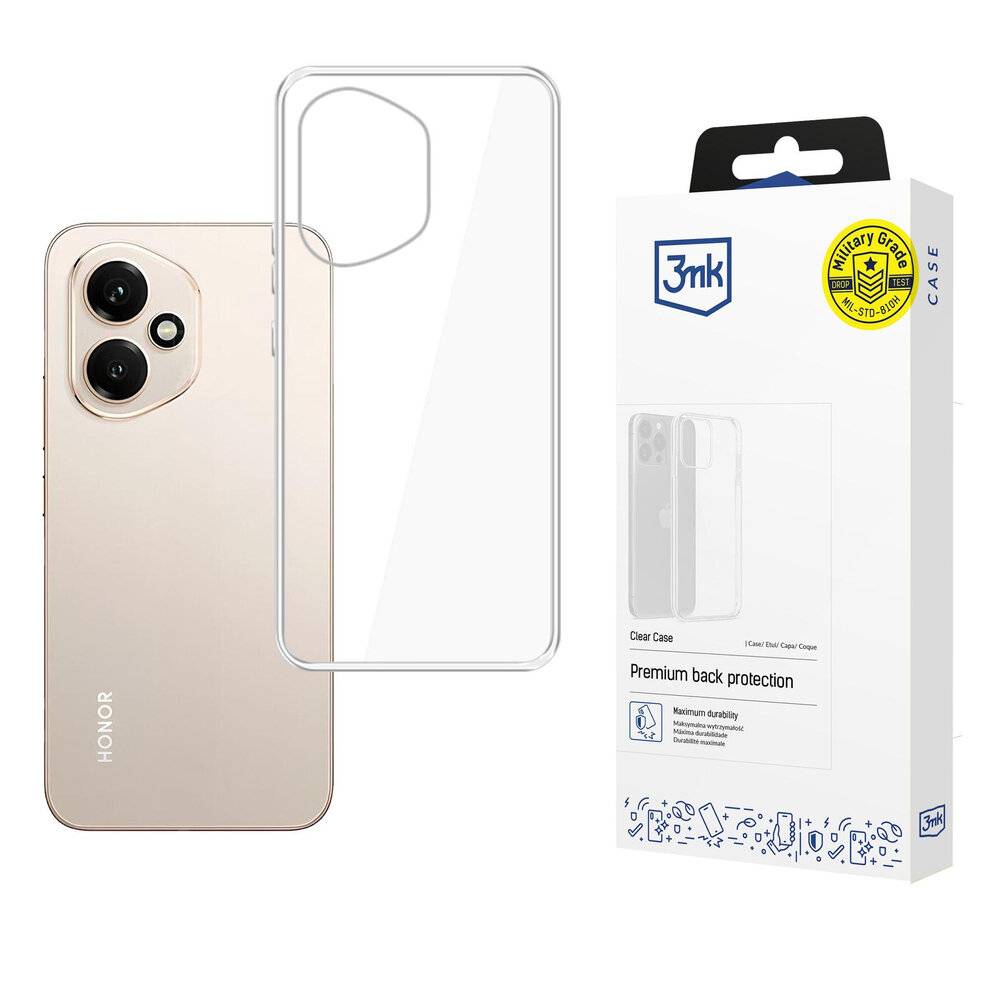 Smartphone mit transparentem Schutzgehäuse neben einer Verpackung mit der Aufschrift '3mk'.