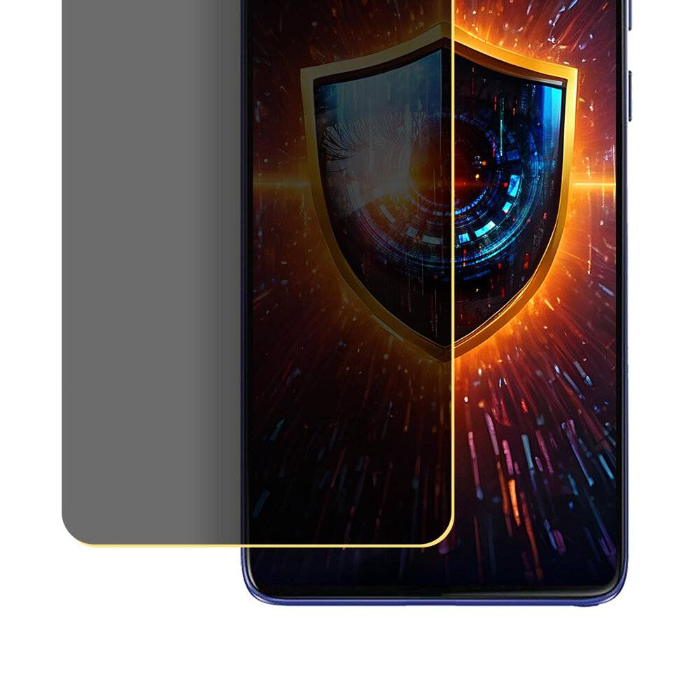 Ein Smartphone mit einem digitalen Schutzschild auf dem Bildschirm, das Schutz oder Sicherheit symbolisiert. Der Hintergrund enthält farbige digitale Streifen.